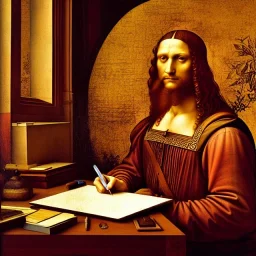 leonardo da vinci works in his study on a laptop at his desk. painting in photoshop. hyperdetailed, warm colors, movie poster, photoillustration, oil on canvas, lens flare