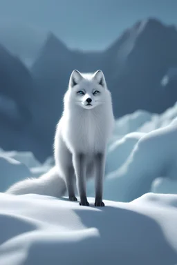 A 3D rendering of an evil in appearence arctic fox human hybrid standing on a snow covered mountain with fairy ice wings
