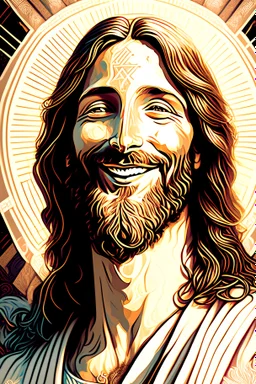 friendly smiling jesus portrait| centered | symmetrical | key visual | intricate | highly detailed | iconic | precise lineart | vibrant | comprehensive cinematic | alphonse mucha style illustration | very high resolution | sharp focus | poster | no watermarks, plain background