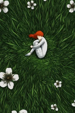 A lonely man is hugging his knees and sleeping in the meadow, cartoon style- anime