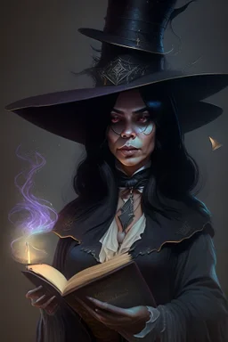 woman black hair middle aged magician with a spellbook big hat fantasy