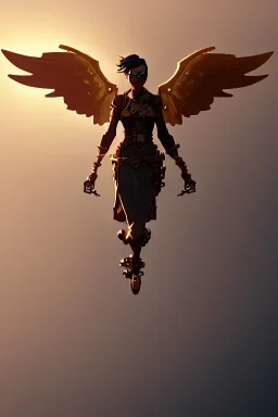 steampunk angel flying above the ocean, pale, golden glow, majestic