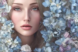 femme long cheveux blond yeux bleus , 8k resolution, flower magnolia, beautifulhijab portrait, 8k resolution, flower head and body, beautiful