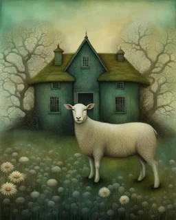 Intricately textured Amanda Clark, Catrin Welz-Stein, Zdzisław Beksiński and Dee Nickerson style mix, iridescent pastel colours; "Whimsical, bizarre, twisted, bending house on a flowering meadow, branches growing from roof, fences, many sheep," watercolor painting, meticulous detail with fine pen strokes, intricate patterns, fantasy landscape elements, fractals, dreamlike atmosphere, imaginative composition, artistic interpretation by SK, intricate linework, organic textures, sunny lighting.