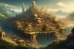 a fantasy advanced magical city like babylon, in a mountain