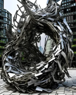 An abstract sculpture representing the chaos of urban life. Constructed from twisted metal and broken glass, this artwork evokes the hectic pace and energy of a bustling city. The atmosphere is one of tension and fragmentation. The sculpture should utilize a mix of materials like steel, glass, and concrete to create a sense of urban disarray and frenetic motion.