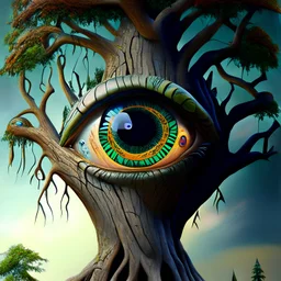A huge eyeball growing in a giant tree, surrealism, weird plants, whimsical Modifiers: trending on Artstation highly detailed elegant fantasy photorealistic high detail hyperrealistic 4K 3D colourful Jacek Yerka Gothic SALVADOR DALI dreamlike Surrealism H.R. Giger Hieronymus Bosch heavy metal whimsical Moebius