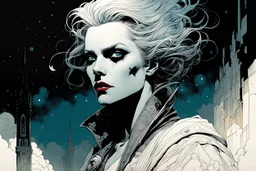 create an ethereal, otherworldly vampire time traveler , in the comic book art style of Mike Mignola, Bill Sienkiewicz, and Jean Giraud Moebius, with highly detailed feminine facial features , finely inked , dramatic natural lighting