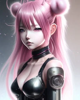 Detailed cute anime Kunoichi girl, pink hair buns, pink bangs, black latex bodysuit, intricate details, full body portrait, keep head in frame, slight smile, black Japanese motif, concept art, highly detailed, digital painting, concept art, sharp focus, illustration, art by Yoji Shinkawa, WLOP and greg rutkowski and alphonse mucha and artgerm and yanjun Chen and Junji ito and Makoto Shinkai, HDR, octane render