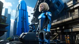 A full-body photograph of a young, slender woman with blond shoulder-length bob hair in a blue jumpsuit, standing in a futuristic cityscape with advanced spacecraft behind them, with a huge android in a huge metal exosuit with a helmet standing guard beside her.