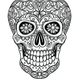 Coloring page for beginers, with skull, very Bold outlines and white background, cartoon style, minimal number of elements, very simple, not very detailed