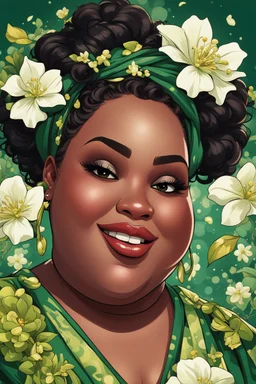 Create a expressionism cartoon art style image of a plus size black female looking down biting her lip with a smile on her face. Prominent makeup with hazel eyes. Highly detailed messy curly bun with a hair scarf tied on her head with large green jasmine flowers surrounding her. 2k