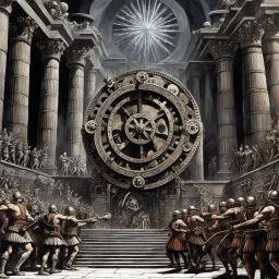 [art by Ray Harryhausen] Amidst the Roman celebration, a mysterious mechanism lurks in the shadows, a creation of gears and steam that moves with an otherworldly grace. As the legionaries and revelers dance and celebrate, the mechanism hums to life, its intricate parts whirring and spinning in a mesmerizing display of technological prowess.