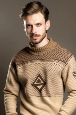 Man's large beige jumper with brown triangles and neck collar