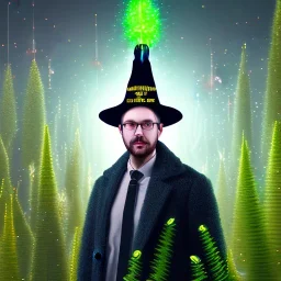 portrait of optimist scientist in coat, metal xmas plasma mad hat ,cell towers overgrown with plants, autmn, mist,sparks flying, spotlights, spray paint art, book illustration, 4k, high detail