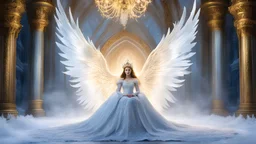 Snow_Angel, Frozen, ((best quality)), ((masterpiece)), ((realistic)), ((18-year-old girl as a snow angel princess in a fantasy golden throne room, frozen, mystic fog, frost flowers)), In the grandeur of a throne room, an 18-year-old girl embodies the enchantment of a snow angel princess. Adorned with elegant earrings, intricate jewelry, and a tribal tattoo, she exudes a sense of regality and grace. Her flowing hair, infused with a radiant glow, cascades around her,