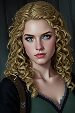 Annabeth Chase is described as having curly blonde hair, smoky gray eyes like storm clouds, and a determined and intelligent expression.