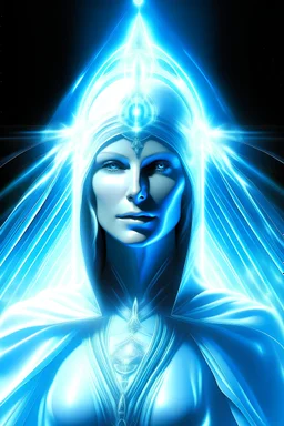 Très belle femme galactique divine, un faisceau fin de lumière bleutée traverse au dessus tête, commandante en chef de flotte de vaisseaux blancs, lumière divine, Elisa Pascalis archange