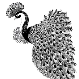 white, A peacock full decoration, line art, white background, outline, with images neatly contained within the background, just black and white color, full body, no color. Different view