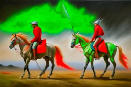 Hun Arrow Crossers on horseback, scorched earth, thunderstorm, red, white, green, sürrealism