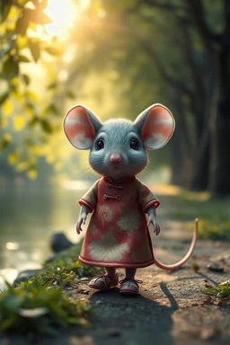 A realistic anthropomorphized cute little mouse is dressed in a Chinese dress and wearing cloth shoes. The sunlight shines through the cracks of the leaves, and this little mouse walks steadily on the path by the river. The mouse's fur is delicate, and its large, expressive eyes look straight ahead. The atmosphere is cozy and elegant, reminiscent of vintage style.