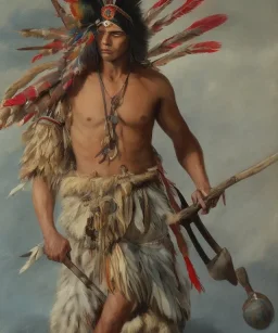 Guaicaipuro, native american god, 30 years old, Muscular warrior, red feathers headdress, shirtless, angry look, holding a stone tip spear