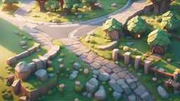 fantasy environment view from above, a road going across the screen, warm summer bright daylight, a hobbit hole on the right near the road blocky 3D low poly cartoon render style with soft pastel colors