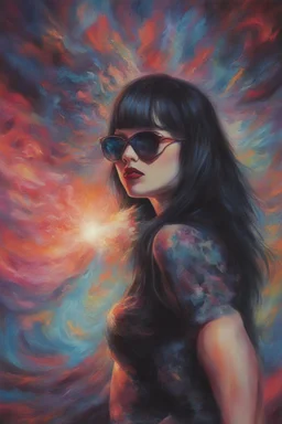 Kiss Me Deadly - Reptilian-skinned - Cat-eye sunglasses - The Flash - Motley Crue - gothic pale-skinned vampire, Painting with fire and multicolored electrified cosmic clouds, by Hoy Tong Lu - Multicolored lightning -a smiling, 18-year-old Countess Elizabeta Dracul, long, straight, black hair, bangs cut straight across the forehead, blue eyes, goth makeup, black leather biker's jacket, bustier, black leather pants, combat boots, black fingerless gloves, sitting on in the forest next to a fire, t