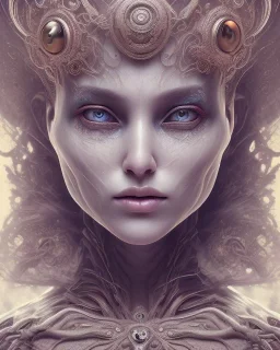 Phorcides portrait, the queen of uncanny valley, large doll-like eyes, corset, intricate metal work crown, multiple sets of eyes on face, 8k resolution concept art, dynamic lighting, intricately detailed, hyperdetailed, beautiful, ethereal, golden hour, (extra eyes), gothic, creepy, unsettling, disfigured