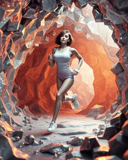 make a picture pretty crystal CIFI cave made of and metallic 3d fractal recursive cubic and sphere base structures and a beautiful fashion model lady with cute,bob hair,makeup, in pretty sports suit is running inside cave ,dynamic camera fallow her inside cave capturing full body, dynamic lights.