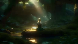 beautiful female elves meditating in harmony, and a mystical dark green turf hut hidden deep in a valley, surrounded by towering trees and a babbling brook, with a hint of green forestry in 12K