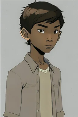 Appearance: Ari has a mixed-race skin tone with a light brown complexion. He has dark hair in a page boy haircut, and his hair length could be somewhere in-between long and short. His face is thin with high cheekbones and dark eyes that are often full of emotion. He stands at around 5 feet 7 inches tall, with a lean build that suggests he doesn't engage in a lot of physical activity.