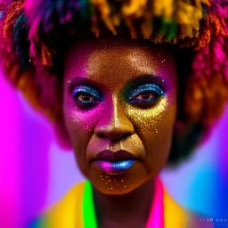 older man, fourty years old, masterpiece, best quality, family of three, ebony skinned, sparkling eyes, fluorescent skin, colorful makeup, afro, highly detailed body, afrofuturism, scifi, sun light, 4K, RAW, depth of field, high contrast, realistic details, 24mm