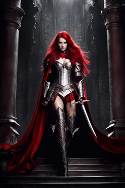 Horrible photograph Silver and red fantasy Beautiful Queen Vampire armour, with a red cape, with black and red spikes coming out the back and arms, glowing red eyes, long red hair pony tail coming out,at castle