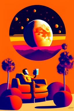 simple digital art scene, Elon musk sitting on the moon on an orange couch, beer in hand ,eating popcorn, looking unamused at planet earth,. selective colours