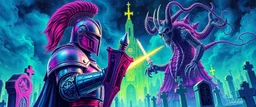 Epic portrait of knighted paladin vs demi-lich in tower cemetery in the style of Giger and Escher in Transparent Psychedelic Fluorescent Colors looking like a Record Cover, multidimensional depth of field, airbrush pen outline