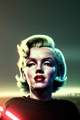 Ultra Realistic retro sci-fi scene, portrait, blonde woman, sweet young Marilyn Monroe face, perfect iris, tight latex coat, Strange planet background, Retro sci-fi style helmet, fog, rain, soft color, highly detailed, unreal engine 5, ray tracing, RTX, lumen lighting, ultra detail, volumetric lighting, 3d, finely drawn, high definition, high resolution.