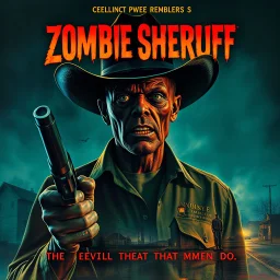 Lovecraftian folk horror movie poster for "ZOMBIE SHERIFF", double exposure composition, modern cinema poster art by Drew Struzan, cajun small town horror, matte oil painting, the evil that men do