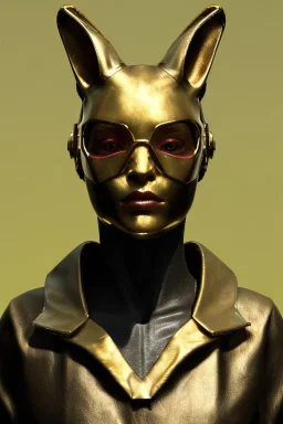 Medium Close Up Portrait, Front image. cyberpunk, rabbit mask, sweet woman, gold hair. Leather suit army. Yellow, red, white, color. Gucci style. Color background, photo studio. Avatar image, highly detailed, concept art, smooth, unreal engine 5, ray tracing, RTX, lumen lighting, ultra detail, volumetric lighting, 3d, finely drawn, high definition, high resolution.