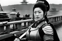 [on the bridge of the Potemkin] Onna bugeisha woman in armour with a katana on japanese battleship: Surreal... a psychological thriller... ... mix in a little World War II... sure... surreal events in an occupied town... man sees ancient soldier hiding in abandoned home... "Twilight Zone." What's that? No! You didn't want any jungle queens! Now wait a minute. You can't breathe. Too hot in here. Gotta open your eyes! Your mouth! What? They're open? Impossible-- You can't breathe! What? Fly? You a