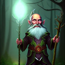 old evil Wizard standing in a dark magical forest at night, holding a staff with a gem in, Devil, Evil