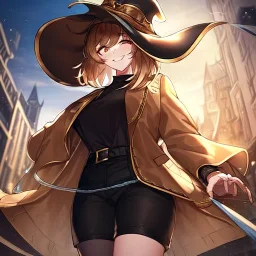 Clear focus, High resolution, short brown spiky hair, hair between eyes, eyes closed, wearing a brown detective hat, wearing a brown jacket and a black shirt, wearing black shorts, 1girl, pulling hat down, smiling