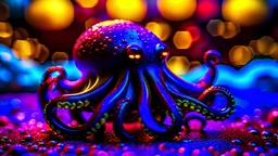 Black and crimson glass Octopus, diffused glow, colorful, Hyperrealistic, splash art, concept art, full shot, intricately detailed, color depth, dramatic, wide angle, side light, colorful background, luminous flower petals, Professional photography, bokeh, mystical lighting, canon lens, shot on DSLR 64 megapixels sharp focus.