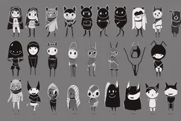 6 simple shaped hand drawn cartoon characters that are cute dark and have hoodies