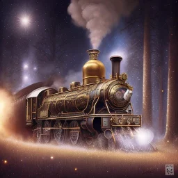 Steampunk locomotive train, ornate silver and gold engraved, white smoke billowing from the chimney as it passes through a narrow gap surrounded by tall trees. Galaxy fill the night sky.#insanely detailed# intricate# colourful# abstract#fantasy#hyperrealism# delicate# high definition# complex#combination# triadic vibrant colours# artistic#beautiful creauture#Masterpiece by Tom Bagshaw,Asher Brown Durand, Anna Dittmann, Dan Mumford, Magali Villeneuve,Christoper Lovell,