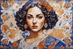 portuguese azulejo tile pattern mosaic, mixed pattern, mixed media, portuguese woman portrait, colorful