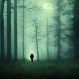 murderer walking through woods towards you stalking, stalker, eerie lighting, bog, mist, moonlight, terror, suspense,