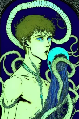 16 year old boy warlock with milky blue eyes, and 1 lamprey tentacle coming out of his belly in the style of Harry Clarke