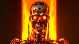 4K facial portrait of realistic robot terminator firestarter radio show logo flames in the background radio studio