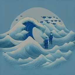 A minimalist design of a hoard of policemen in uniform with a badge on his chest in the style of Hokusai's The Great Wave off Kanagawa